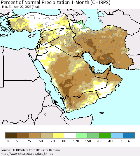 Middle East and Turkey Percent of Normal Precipitation 1-Month (CHIRPS) Thematic Map For 3/21/2022 - 4/20/2022