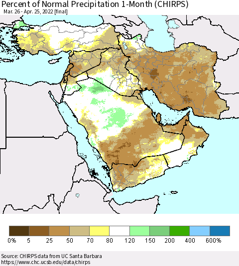 Middle East and Turkey Percent of Normal Precipitation 1-Month (CHIRPS) Thematic Map For 3/26/2022 - 4/25/2022