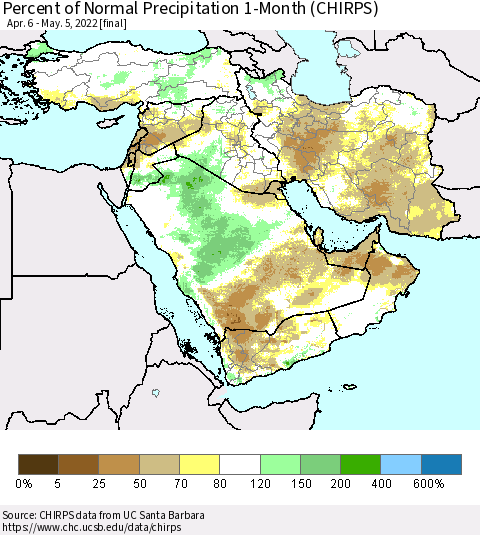 Middle East and Turkey Percent of Normal Precipitation 1-Month (CHIRPS) Thematic Map For 4/6/2022 - 5/5/2022