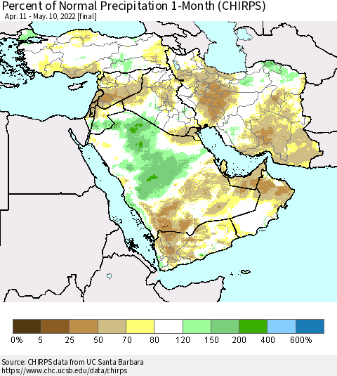 Middle East and Turkey Percent of Normal Precipitation 1-Month (CHIRPS) Thematic Map For 4/11/2022 - 5/10/2022