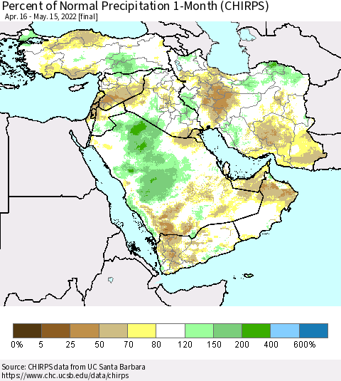 Middle East and Turkey Percent of Normal Precipitation 1-Month (CHIRPS) Thematic Map For 4/16/2022 - 5/15/2022