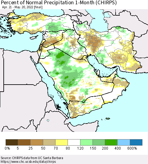 Middle East and Turkey Percent of Normal Precipitation 1-Month (CHIRPS) Thematic Map For 4/21/2022 - 5/20/2022