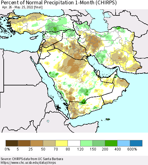 Middle East and Turkey Percent of Normal Precipitation 1-Month (CHIRPS) Thematic Map For 4/26/2022 - 5/25/2022