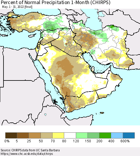 Middle East and Turkey Percent of Normal Precipitation 1-Month (CHIRPS) Thematic Map For 5/1/2022 - 5/31/2022
