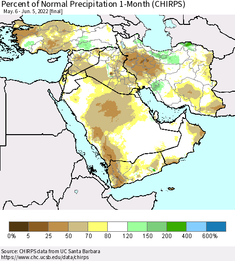 Middle East and Turkey Percent of Normal Precipitation 1-Month (CHIRPS) Thematic Map For 5/6/2022 - 6/5/2022