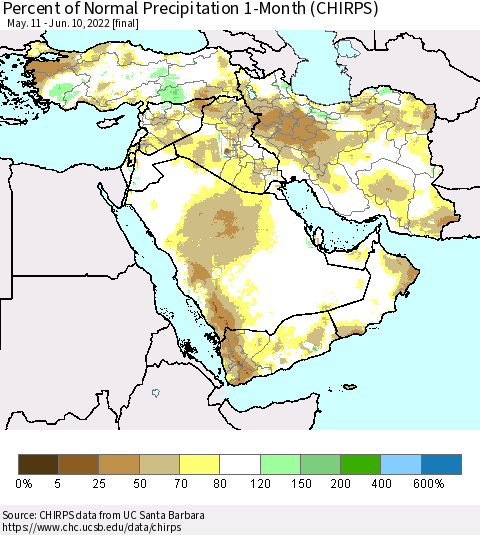 Middle East and Turkey Percent of Normal Precipitation 1-Month (CHIRPS) Thematic Map For 5/11/2022 - 6/10/2022