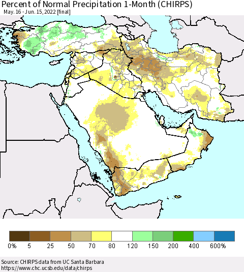 Middle East and Turkey Percent of Normal Precipitation 1-Month (CHIRPS) Thematic Map For 5/16/2022 - 6/15/2022