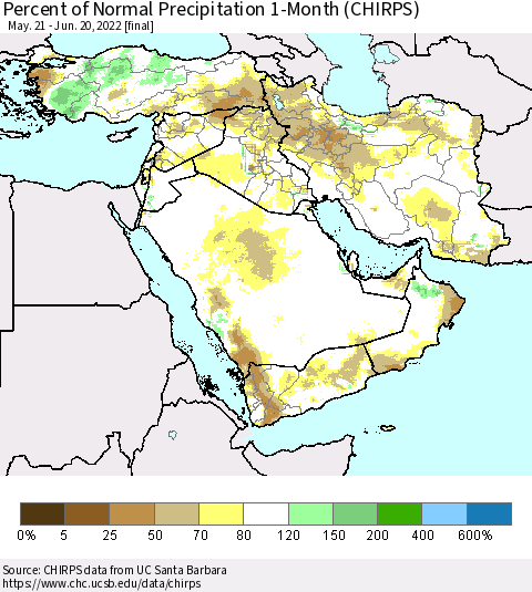 Middle East and Turkey Percent of Normal Precipitation 1-Month (CHIRPS) Thematic Map For 5/21/2022 - 6/20/2022