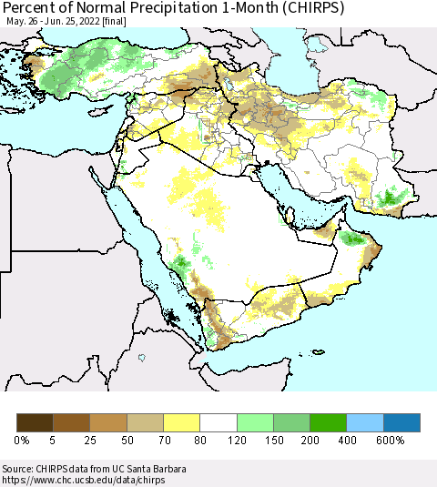 Middle East and Turkey Percent of Normal Precipitation 1-Month (CHIRPS) Thematic Map For 5/26/2022 - 6/25/2022