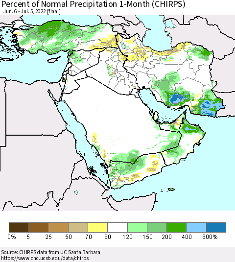 Middle East and Turkey Percent of Normal Precipitation 1-Month (CHIRPS) Thematic Map For 6/6/2022 - 7/5/2022