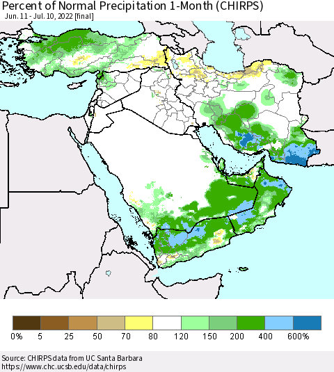 Middle East and Turkey Percent of Normal Precipitation 1-Month (CHIRPS) Thematic Map For 6/11/2022 - 7/10/2022