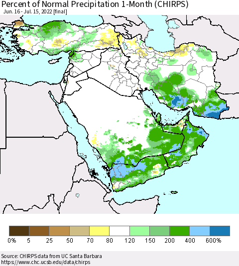 Middle East and Turkey Percent of Normal Precipitation 1-Month (CHIRPS) Thematic Map For 6/16/2022 - 7/15/2022