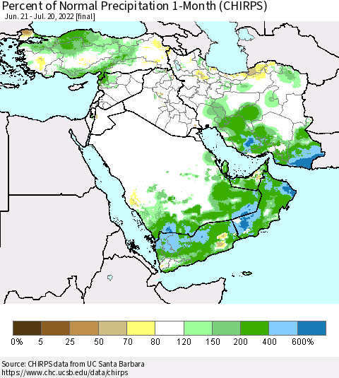 Middle East and Turkey Percent of Normal Precipitation 1-Month (CHIRPS) Thematic Map For 6/21/2022 - 7/20/2022