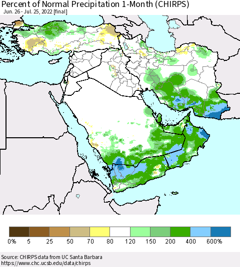 Middle East and Turkey Percent of Normal Precipitation 1-Month (CHIRPS) Thematic Map For 6/26/2022 - 7/25/2022