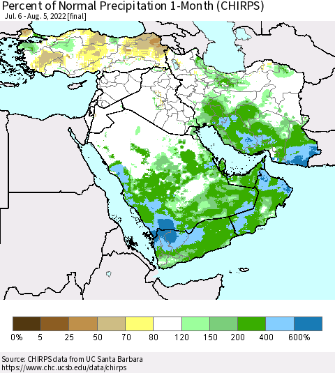 Middle East and Turkey Percent of Normal Precipitation 1-Month (CHIRPS) Thematic Map For 7/6/2022 - 8/5/2022
