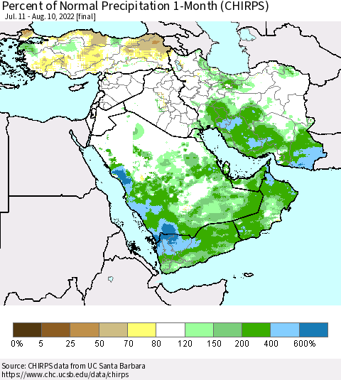 Middle East and Turkey Percent of Normal Precipitation 1-Month (CHIRPS) Thematic Map For 7/11/2022 - 8/10/2022