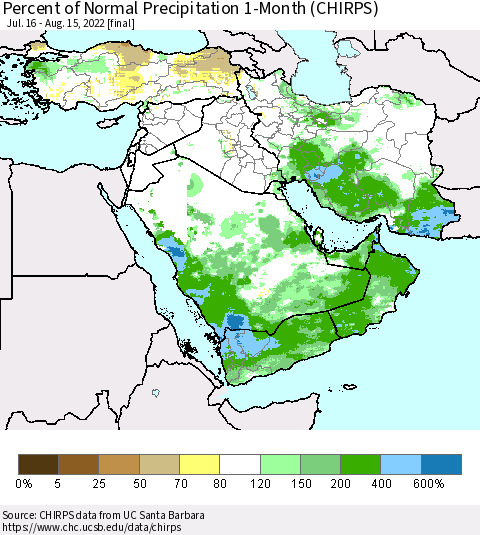 Middle East and Turkey Percent of Normal Precipitation 1-Month (CHIRPS) Thematic Map For 7/16/2022 - 8/15/2022