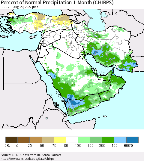 Middle East and Turkey Percent of Normal Precipitation 1-Month (CHIRPS) Thematic Map For 7/21/2022 - 8/20/2022