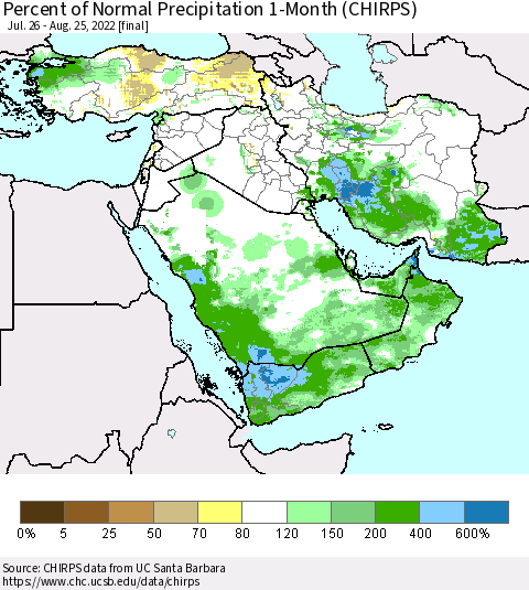 Middle East and Turkey Percent of Normal Precipitation 1-Month (CHIRPS) Thematic Map For 7/26/2022 - 8/25/2022