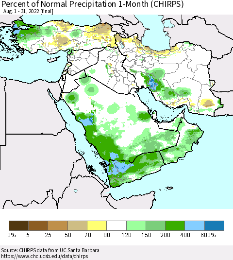 Middle East and Turkey Percent of Normal Precipitation 1-Month (CHIRPS) Thematic Map For 8/1/2022 - 8/31/2022