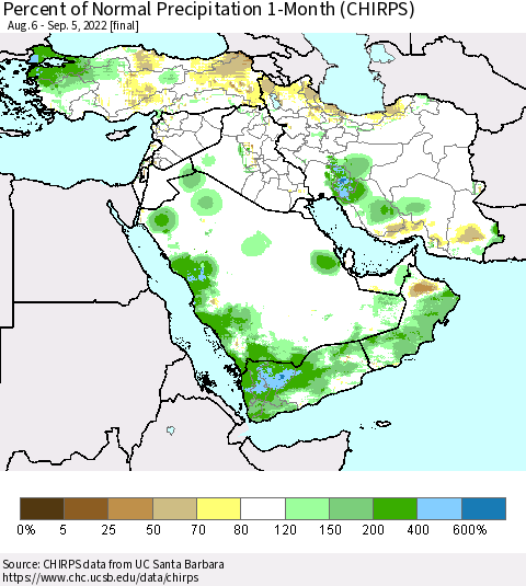Middle East and Turkey Percent of Normal Precipitation 1-Month (CHIRPS) Thematic Map For 8/6/2022 - 9/5/2022