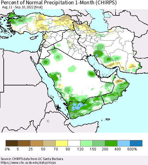 Middle East and Turkey Percent of Normal Precipitation 1-Month (CHIRPS) Thematic Map For 8/11/2022 - 9/10/2022
