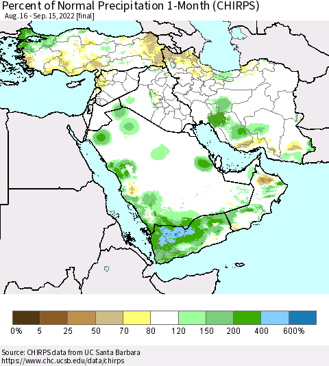 Middle East and Turkey Percent of Normal Precipitation 1-Month (CHIRPS) Thematic Map For 8/16/2022 - 9/15/2022