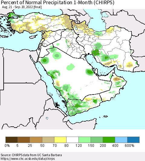 Middle East and Turkey Percent of Normal Precipitation 1-Month (CHIRPS) Thematic Map For 8/21/2022 - 9/20/2022