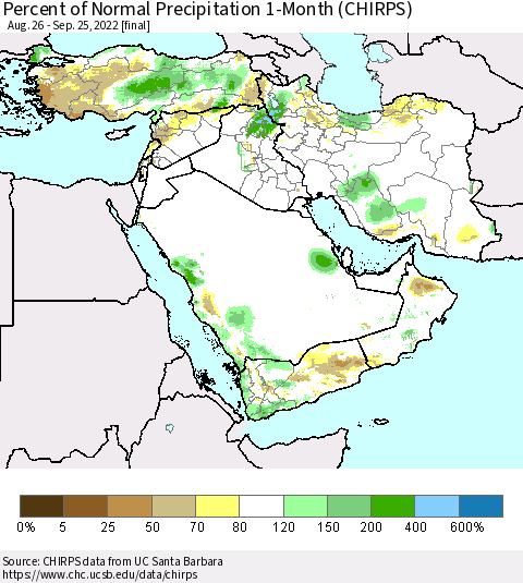 Middle East and Turkey Percent of Normal Precipitation 1-Month (CHIRPS) Thematic Map For 8/26/2022 - 9/25/2022