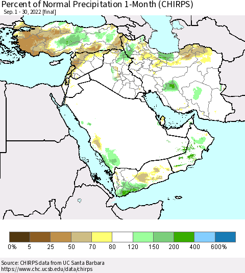 Middle East and Turkey Percent of Normal Precipitation 1-Month (CHIRPS) Thematic Map For 9/1/2022 - 9/30/2022