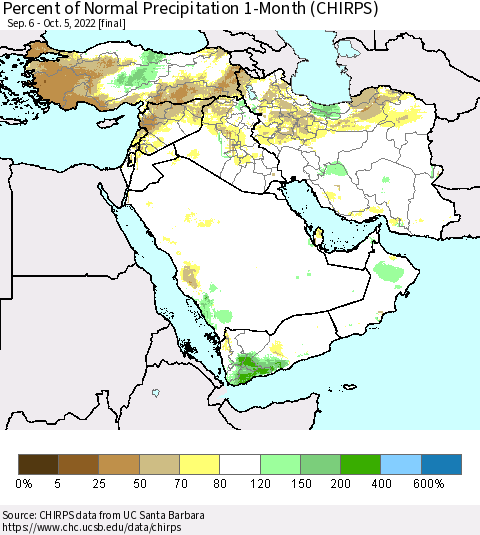 Middle East and Turkey Percent of Normal Precipitation 1-Month (CHIRPS) Thematic Map For 9/6/2022 - 10/5/2022