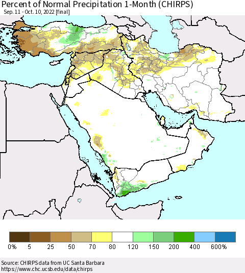 Middle East and Turkey Percent of Normal Precipitation 1-Month (CHIRPS) Thematic Map For 9/11/2022 - 10/10/2022