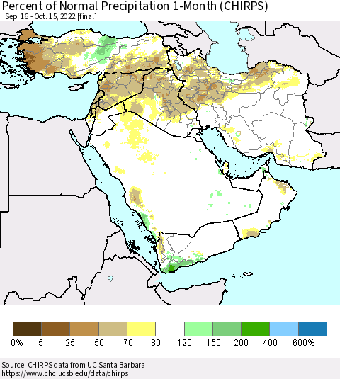 Middle East and Turkey Percent of Normal Precipitation 1-Month (CHIRPS) Thematic Map For 9/16/2022 - 10/15/2022