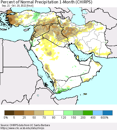 Middle East and Turkey Percent of Normal Precipitation 1-Month (CHIRPS) Thematic Map For 9/21/2022 - 10/20/2022