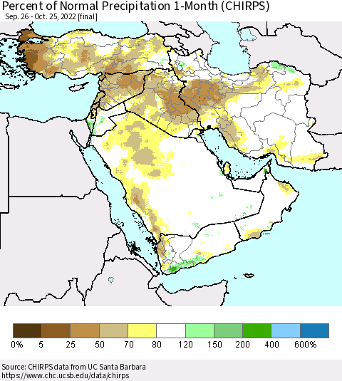 Middle East and Turkey Percent of Normal Precipitation 1-Month (CHIRPS) Thematic Map For 9/26/2022 - 10/25/2022