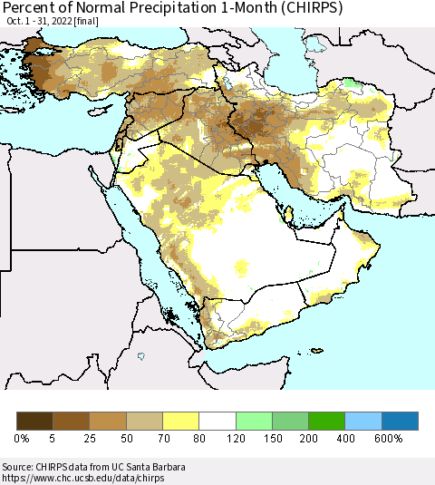 Middle East and Turkey Percent of Normal Precipitation 1-Month (CHIRPS) Thematic Map For 10/1/2022 - 10/31/2022