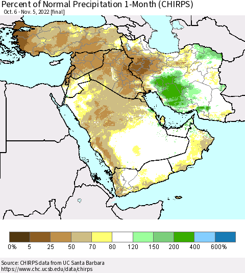 Middle East and Turkey Percent of Normal Precipitation 1-Month (CHIRPS) Thematic Map For 10/6/2022 - 11/5/2022