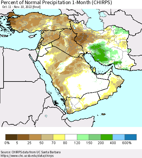 Middle East and Turkey Percent of Normal Precipitation 1-Month (CHIRPS) Thematic Map For 10/11/2022 - 11/10/2022