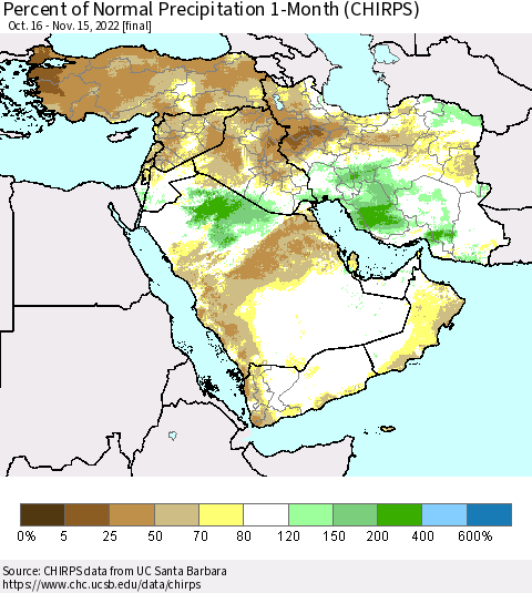 Middle East and Turkey Percent of Normal Precipitation 1-Month (CHIRPS) Thematic Map For 10/16/2022 - 11/15/2022
