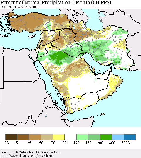 Middle East and Turkey Percent of Normal Precipitation 1-Month (CHIRPS) Thematic Map For 10/21/2022 - 11/20/2022