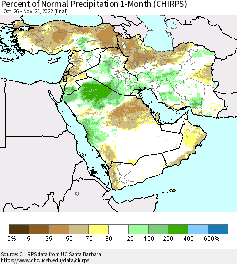 Middle East and Turkey Percent of Normal Precipitation 1-Month (CHIRPS) Thematic Map For 10/26/2022 - 11/25/2022