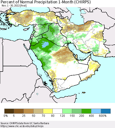 Middle East and Turkey Percent of Normal Precipitation 1-Month (CHIRPS) Thematic Map For 11/1/2022 - 11/30/2022