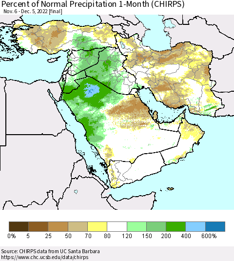 Middle East and Turkey Percent of Normal Precipitation 1-Month (CHIRPS) Thematic Map For 11/6/2022 - 12/5/2022