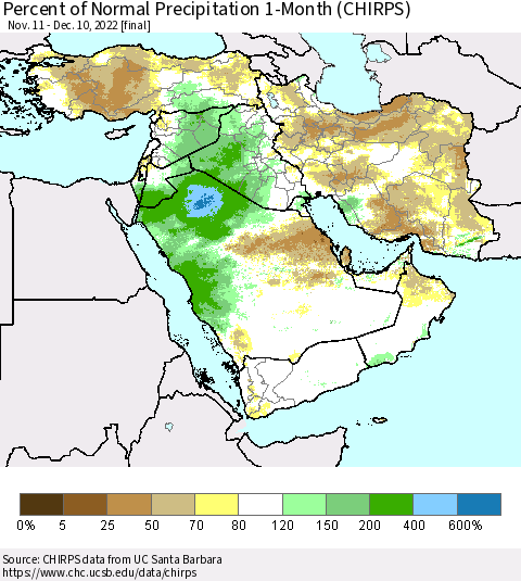 Middle East and Turkey Percent of Normal Precipitation 1-Month (CHIRPS) Thematic Map For 11/11/2022 - 12/10/2022
