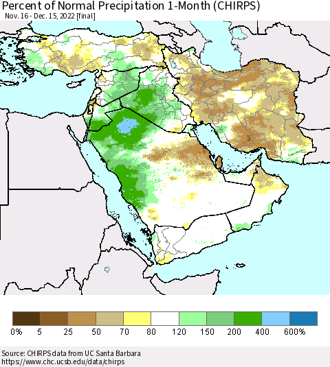 Middle East and Turkey Percent of Normal Precipitation 1-Month (CHIRPS) Thematic Map For 11/16/2022 - 12/15/2022