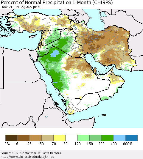 Middle East and Turkey Percent of Normal Precipitation 1-Month (CHIRPS) Thematic Map For 11/21/2022 - 12/20/2022