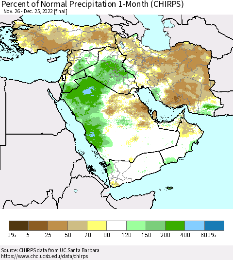 Middle East and Turkey Percent of Normal Precipitation 1-Month (CHIRPS) Thematic Map For 11/26/2022 - 12/25/2022