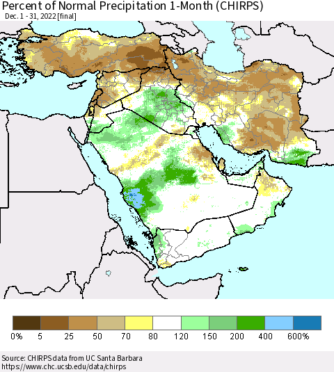 Middle East and Turkey Percent of Normal Precipitation 1-Month (CHIRPS) Thematic Map For 12/1/2022 - 12/31/2022