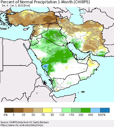 Middle East and Turkey Percent of Normal Precipitation 1-Month (CHIRPS) Thematic Map For 12/6/2022 - 1/5/2023