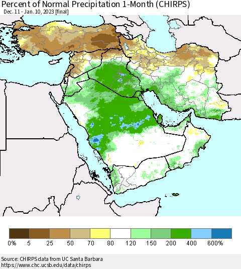 Middle East and Turkey Percent of Normal Precipitation 1-Month (CHIRPS) Thematic Map For 12/11/2022 - 1/10/2023